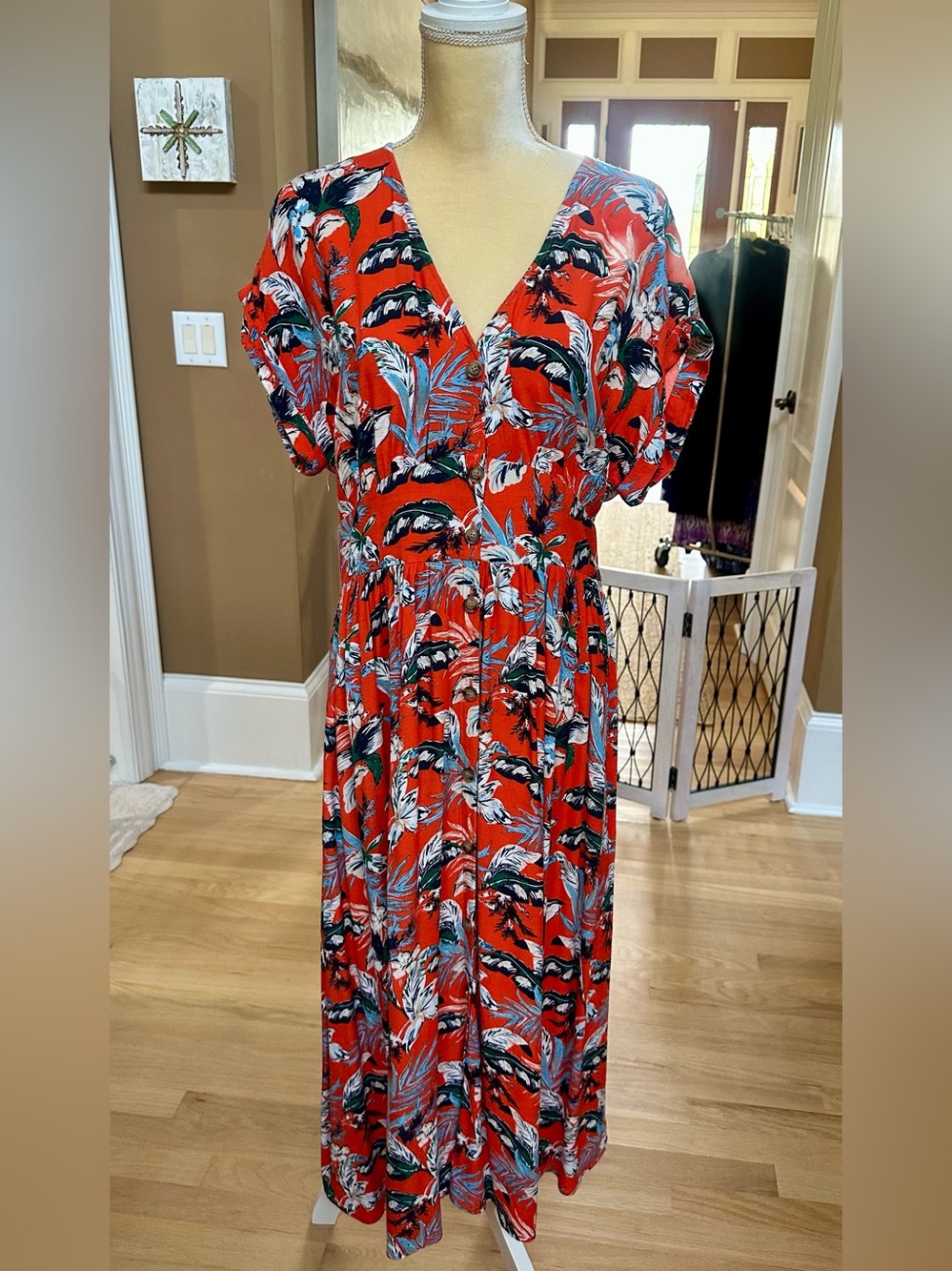 LOFT Orange & Navy Tropical Print V-Neck Button Front Midi Dress